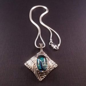 Square handmade pendant fine silver dichroic blue glass sterling silver snake chain